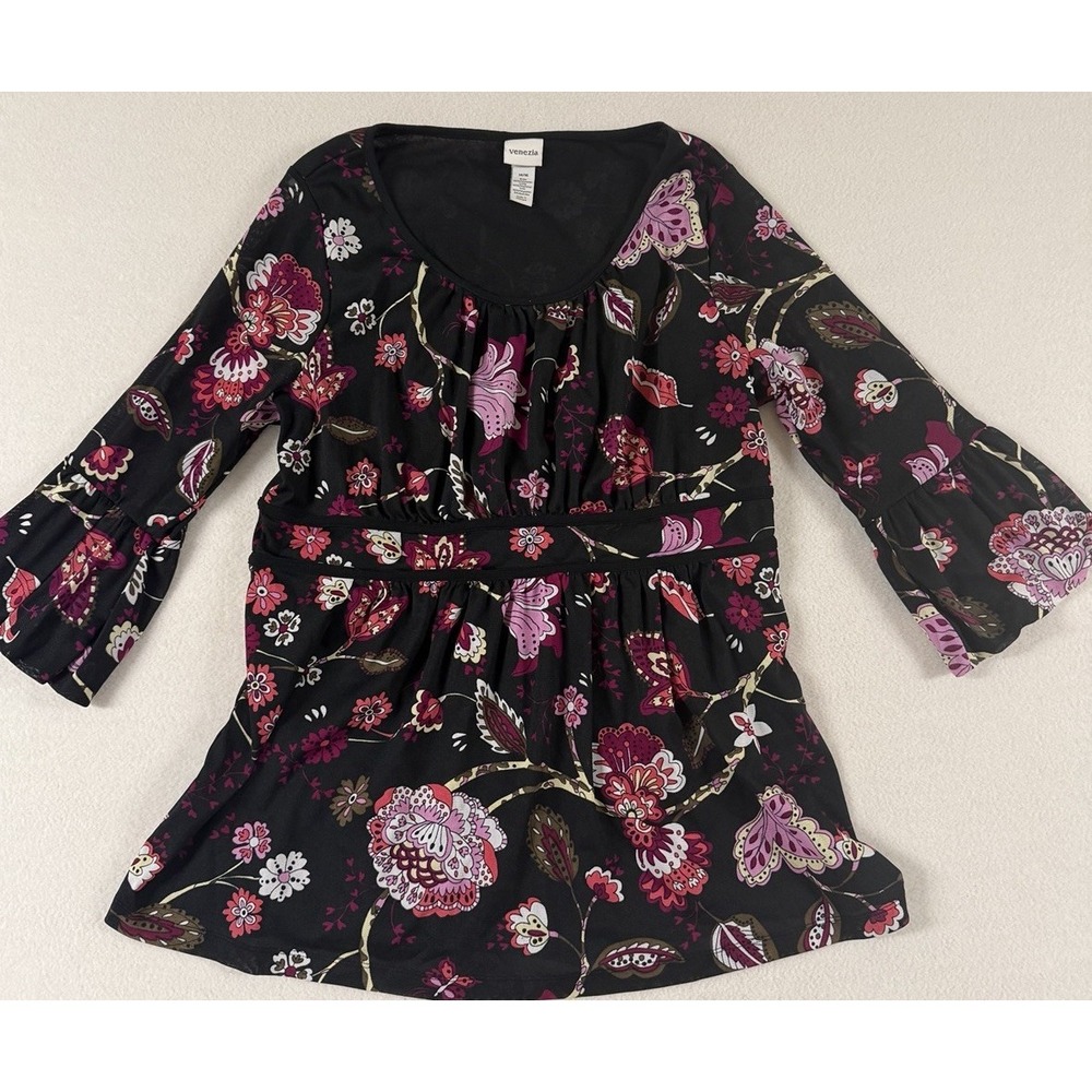 Venezia Womens Babydoll Top Paisley Mesh Size 14/16 Dark Romantic Bell Sleeves - Picture 2 of 8
